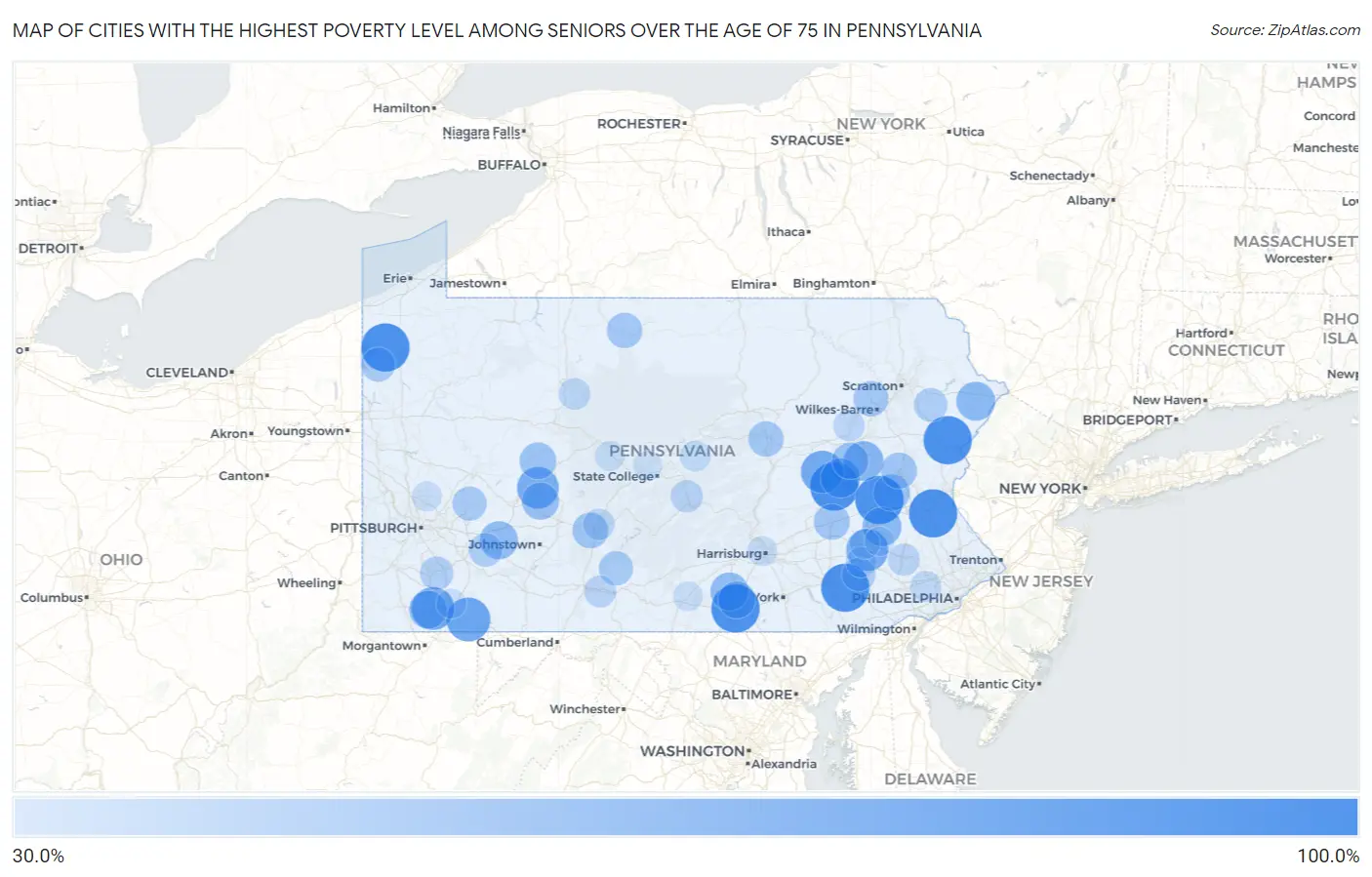 Cities with the Highest Poverty Level Among Seniors Over the Age of 75 in Pennsylvania Map