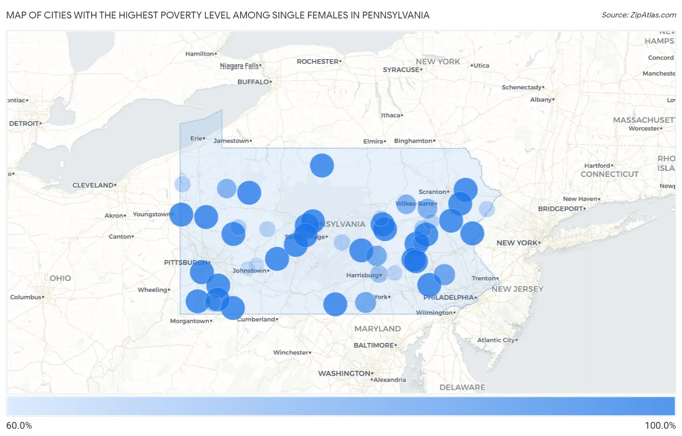 Cities with the Highest Poverty Level Among Single Females in Pennsylvania Map