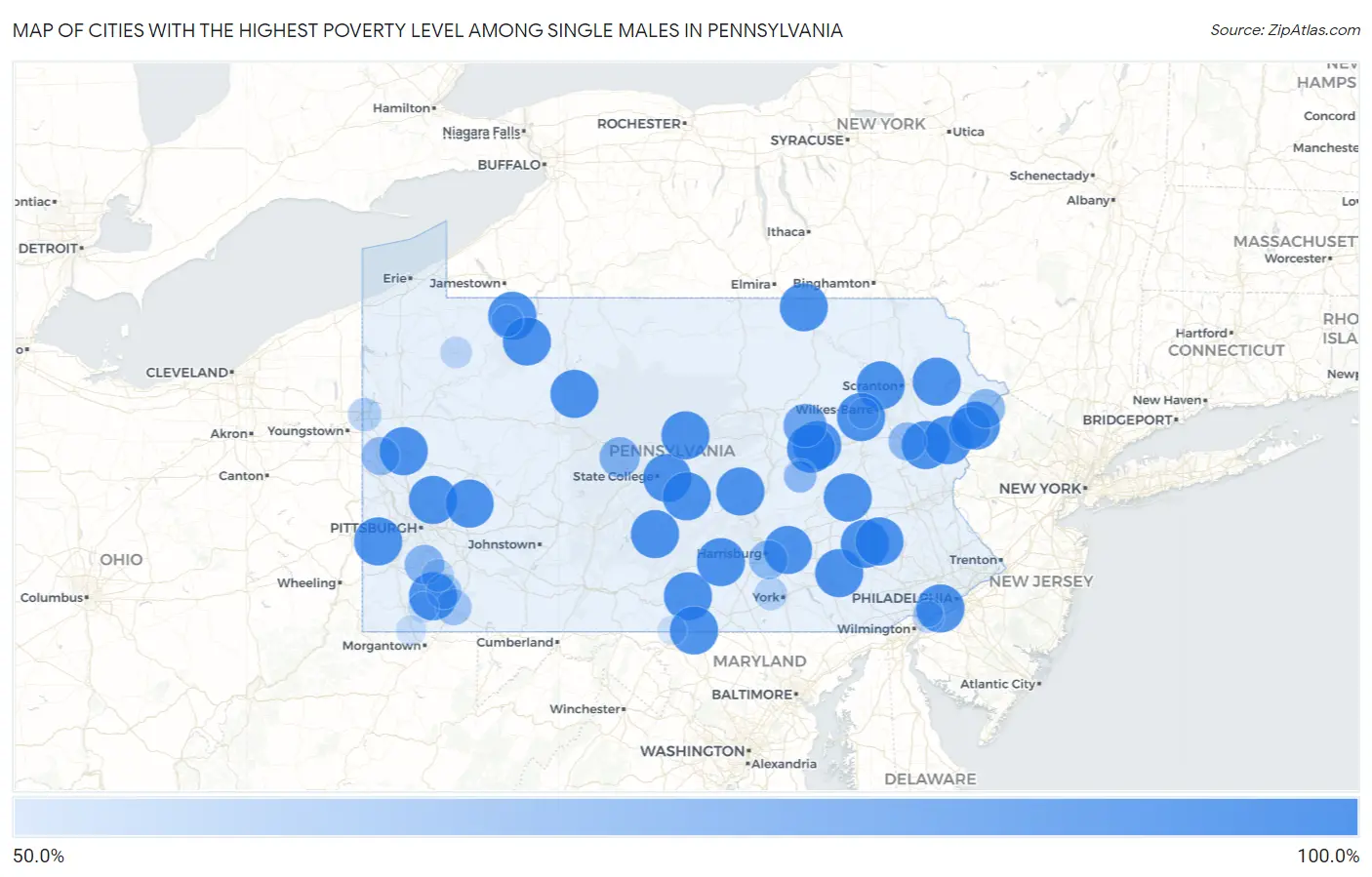 Cities with the Highest Poverty Level Among Single Males in Pennsylvania Map
