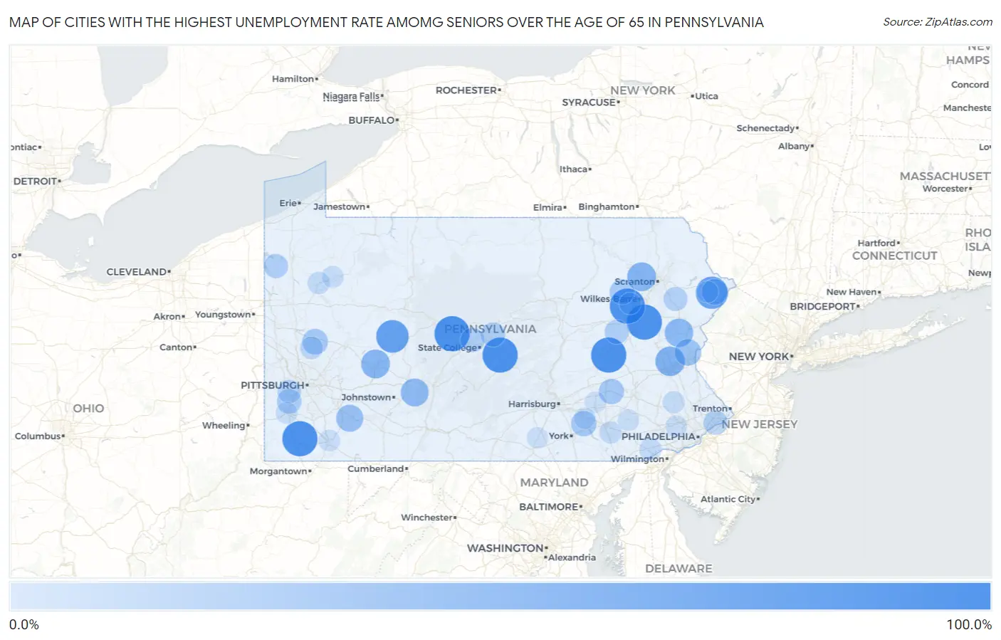 Cities with the Highest Unemployment Rate Amomg Seniors Over the Age of 65 in Pennsylvania Map