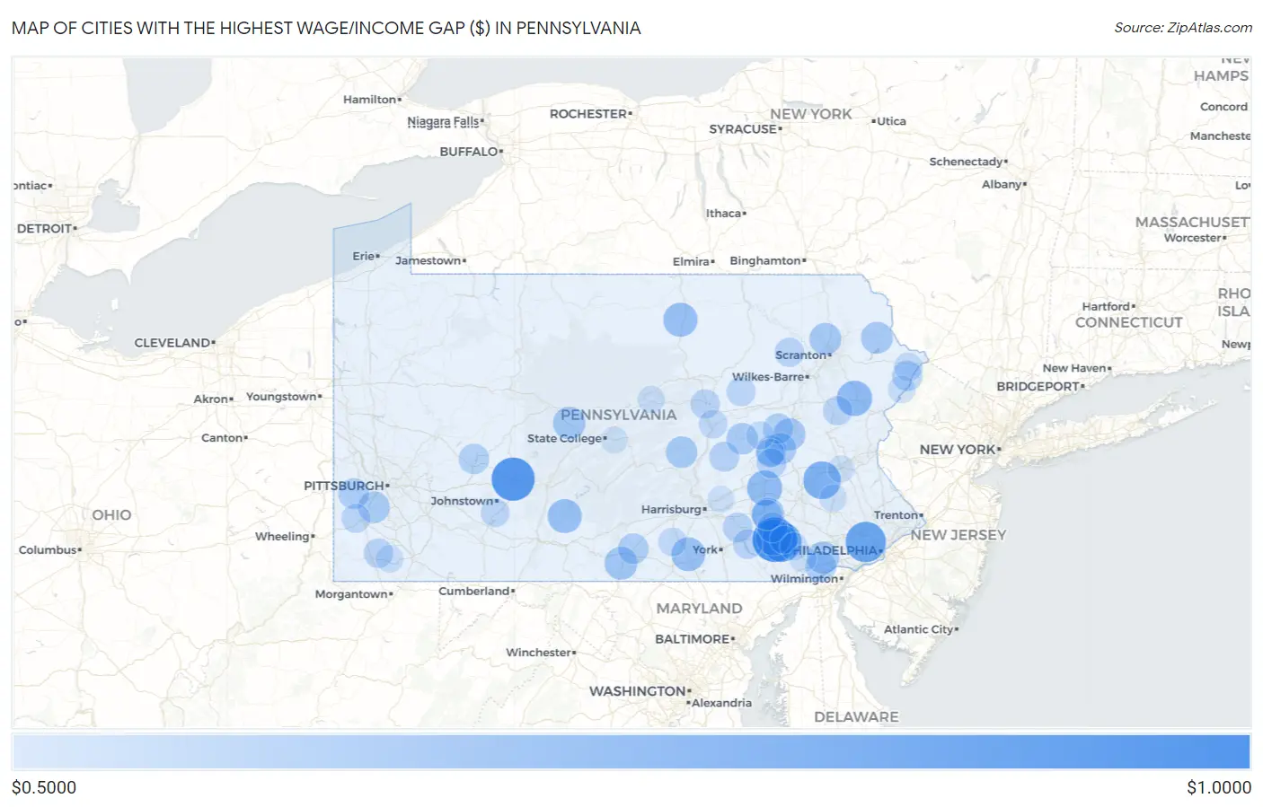 Cities with the Highest Wage/Income Gap ($) in Pennsylvania Map