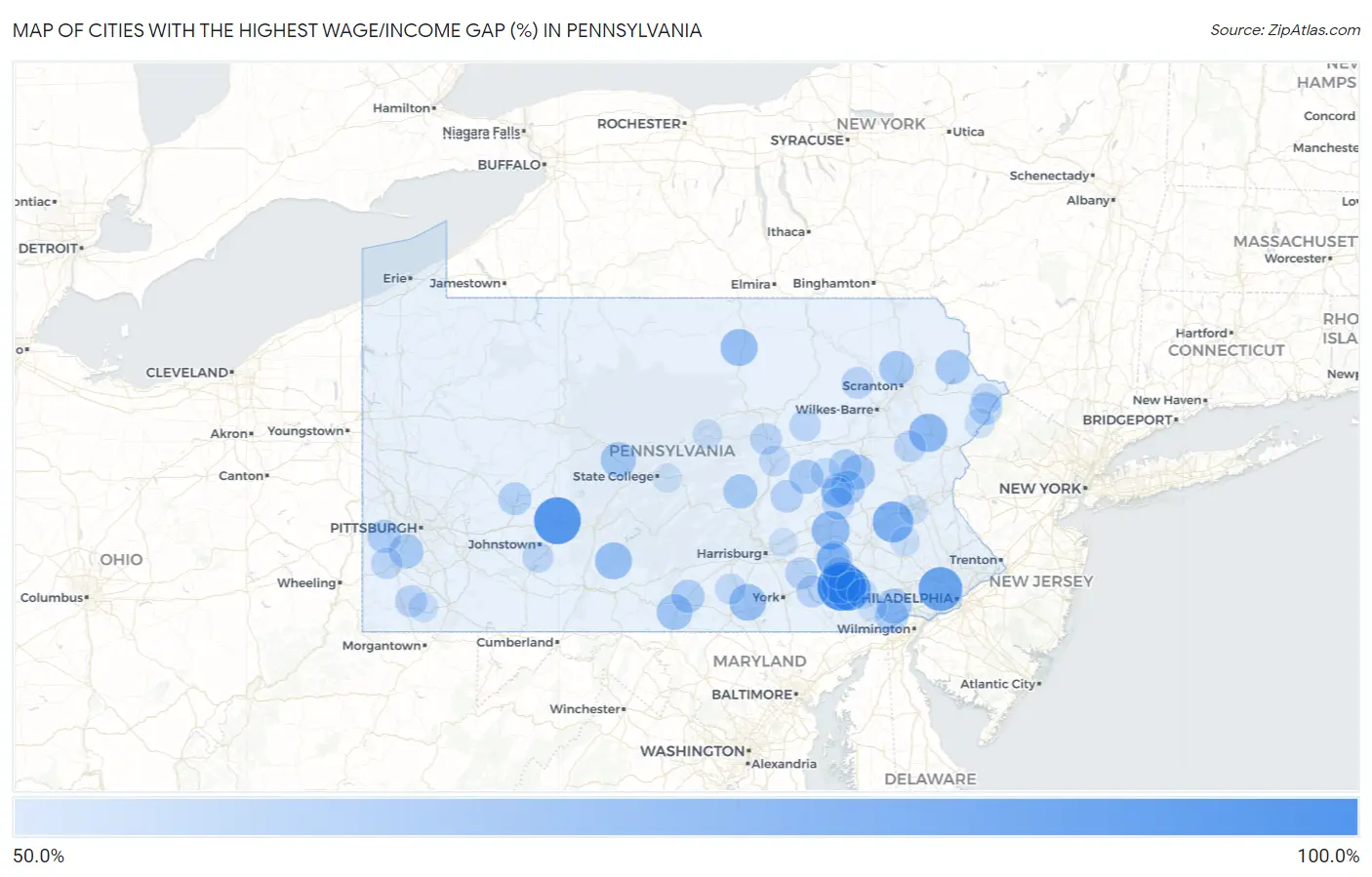 Cities with the Highest Wage/Income Gap (%) in Pennsylvania Map