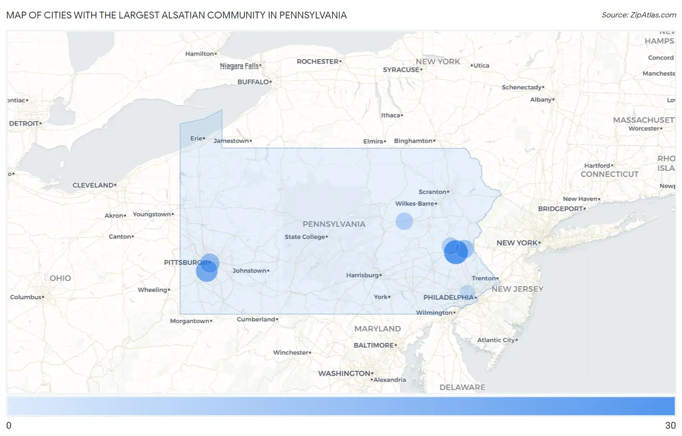 Cities with the Largest Alsatian Community in Pennsylvania Map