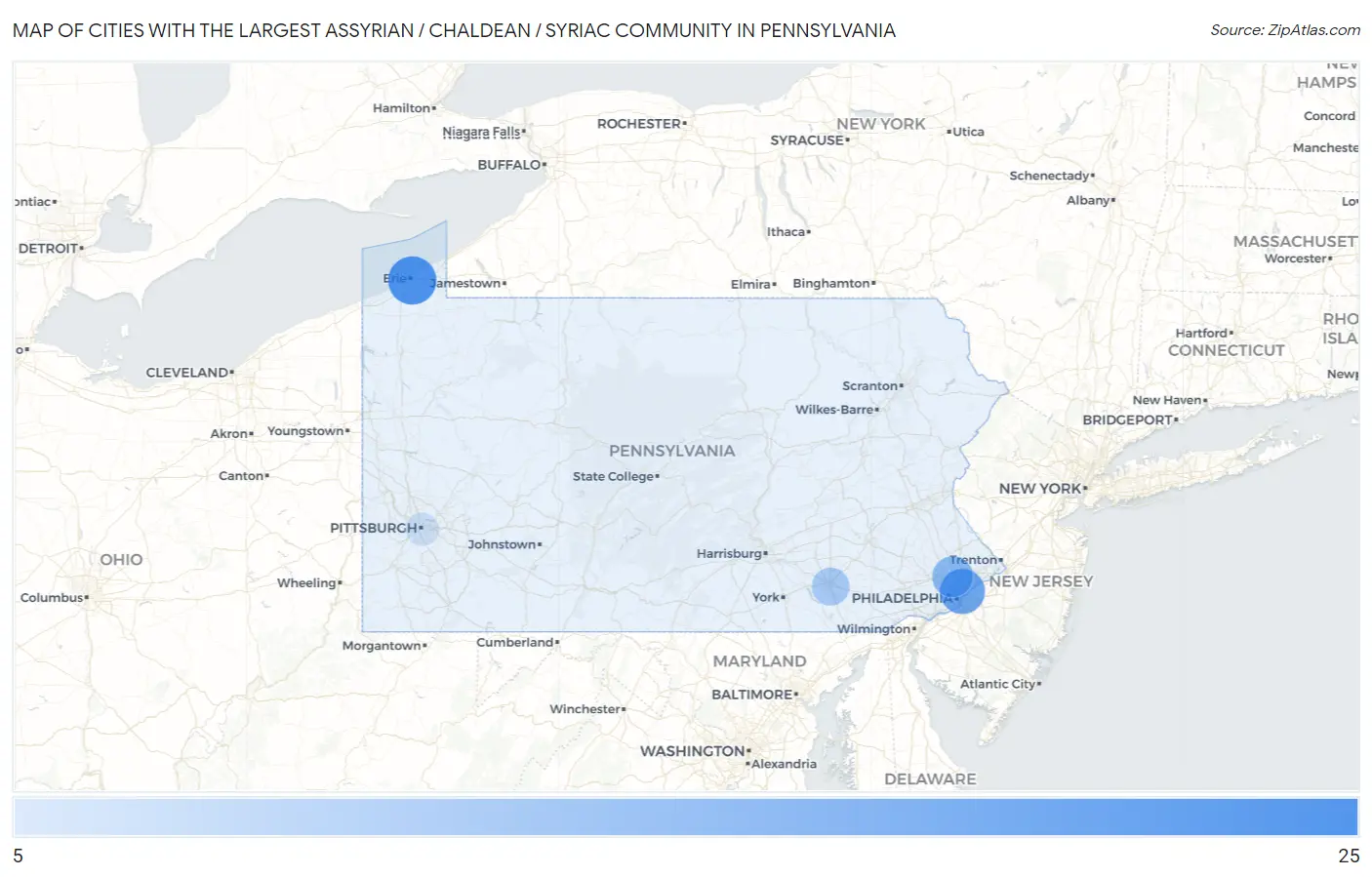 Cities with the Largest Assyrian / Chaldean / Syriac Community in Pennsylvania Map