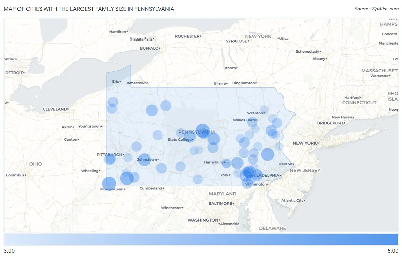 Cities with the Largest Family Size in Pennsylvania Map
