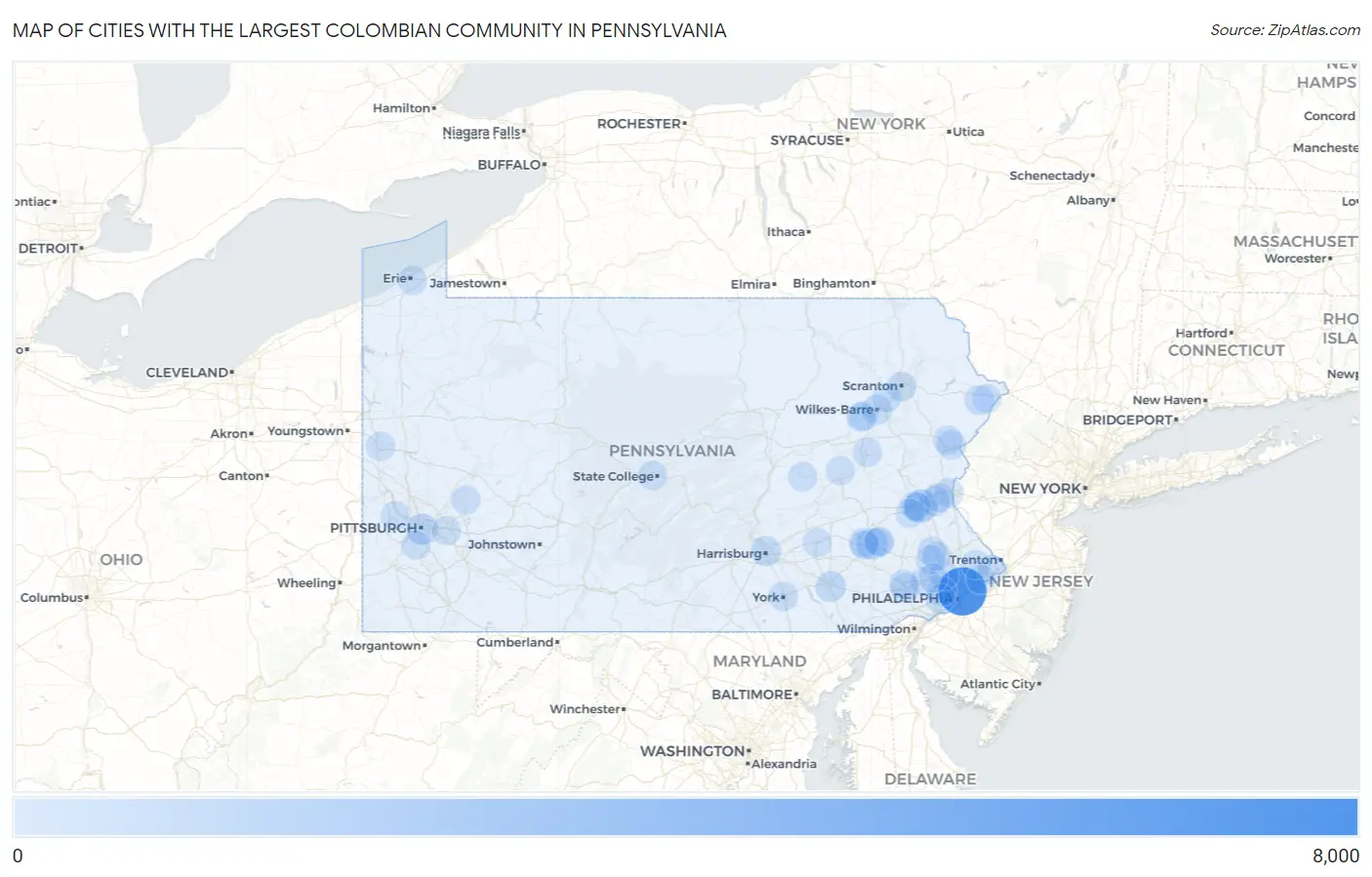 Cities with the Largest Colombian Community in Pennsylvania Map