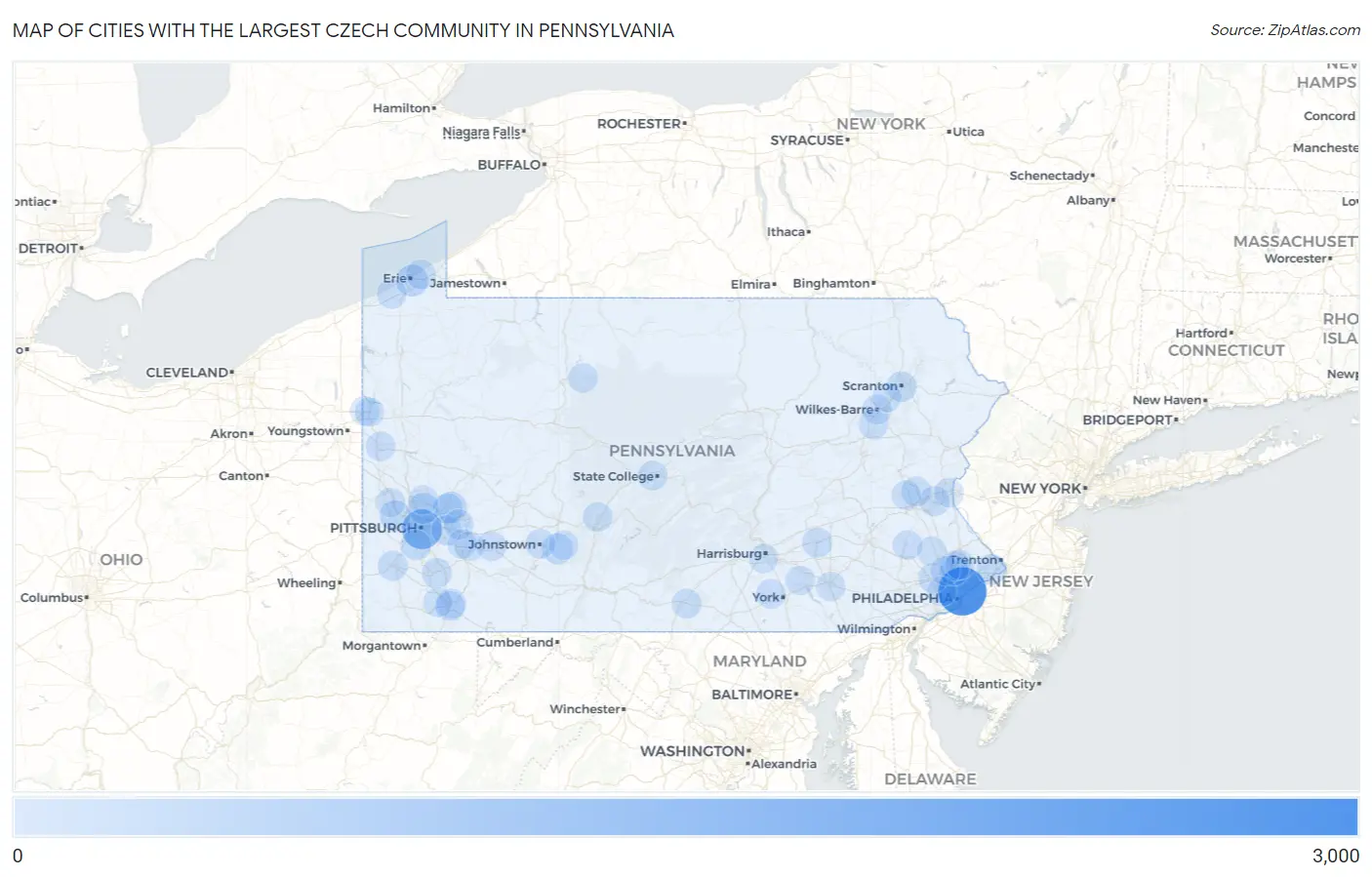 Cities with the Largest Czech Community in Pennsylvania Map