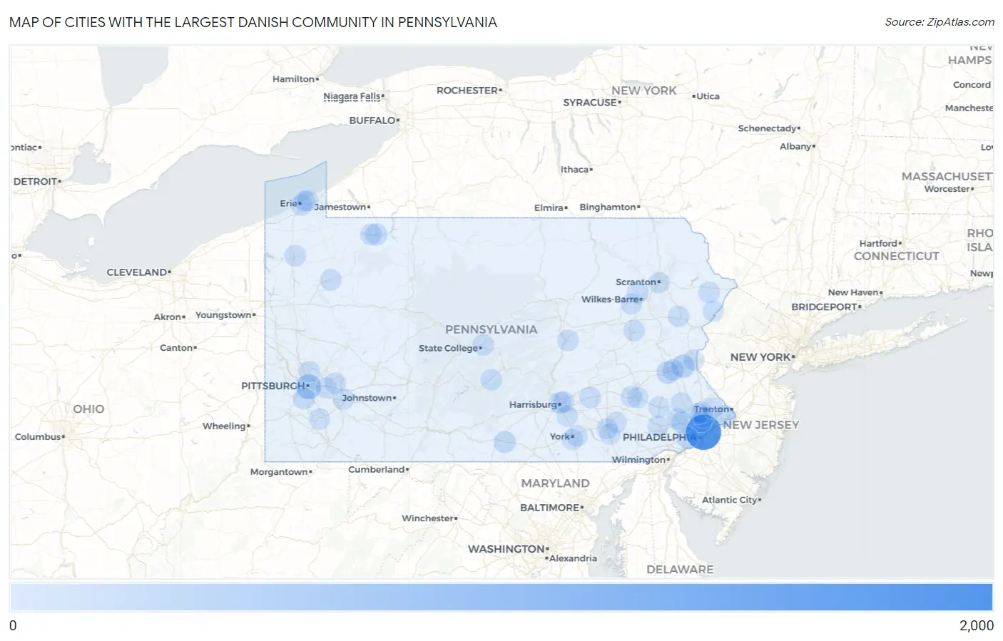 Cities with the Largest Danish Community in Pennsylvania Map