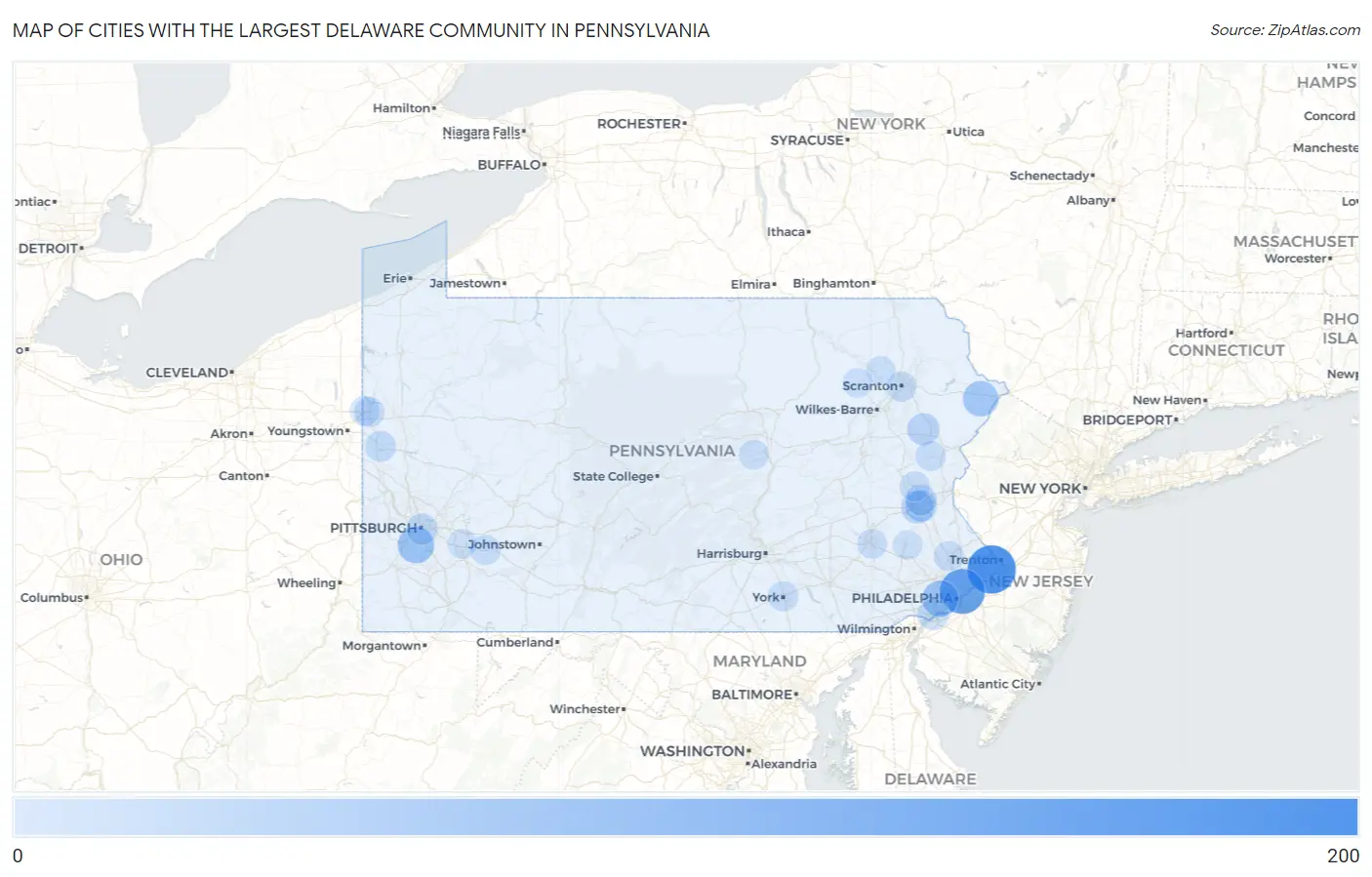 Cities with the Largest Delaware Community in Pennsylvania Map