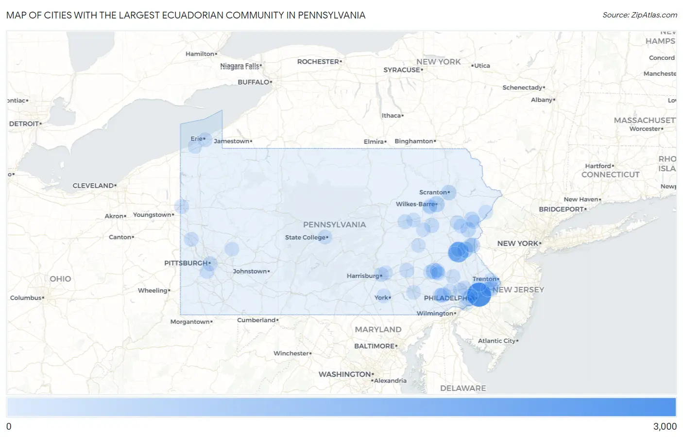 Cities with the Largest Ecuadorian Community in Pennsylvania Map