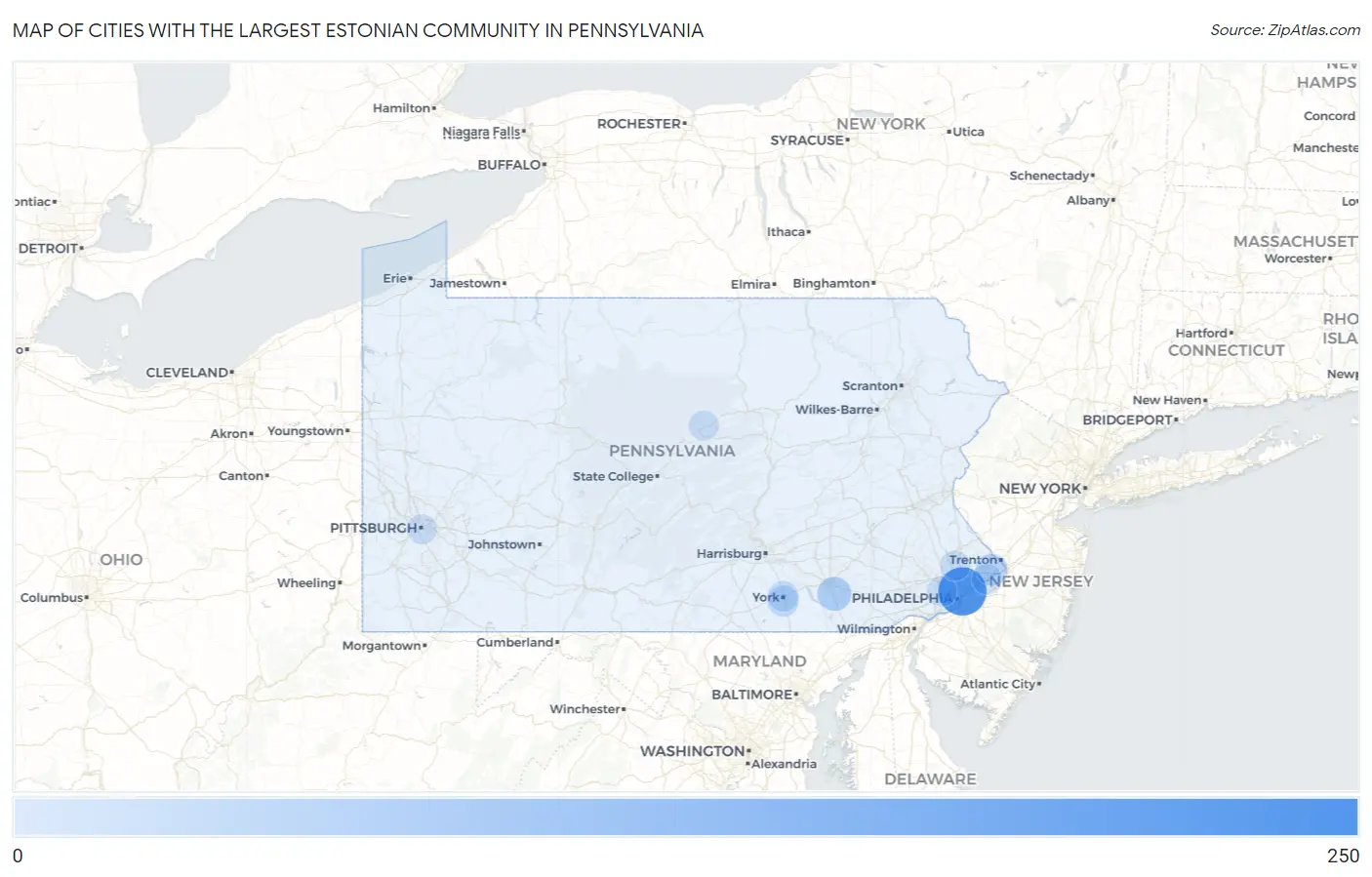 Cities with the Largest Estonian Community in Pennsylvania Map