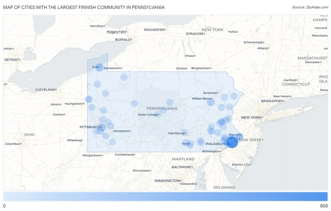 Cities with the Largest Finnish Community in Pennsylvania Map