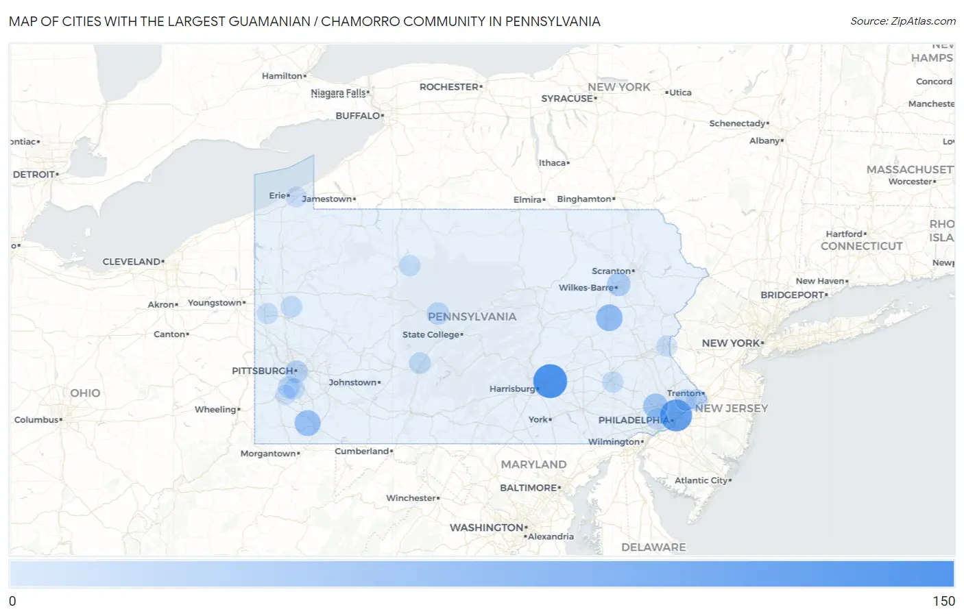 Cities with the Largest Guamanian / Chamorro Community in Pennsylvania Map