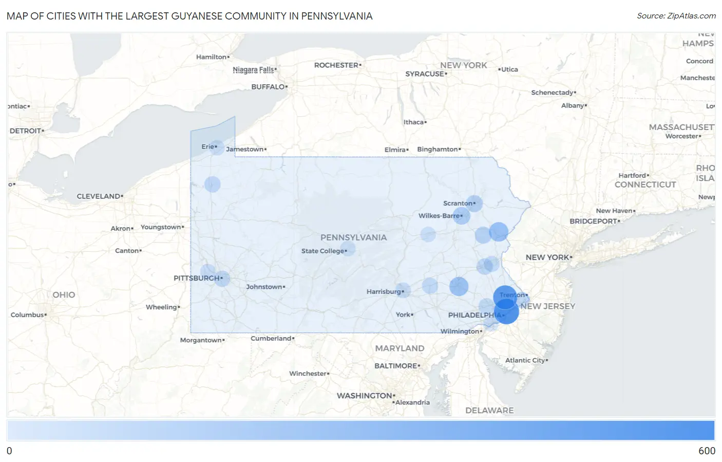 Cities with the Largest Guyanese Community in Pennsylvania Map
