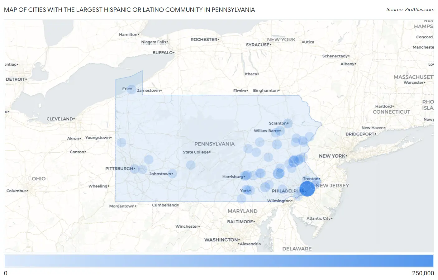 Cities with the Largest Hispanic or Latino Community in Pennsylvania Map
