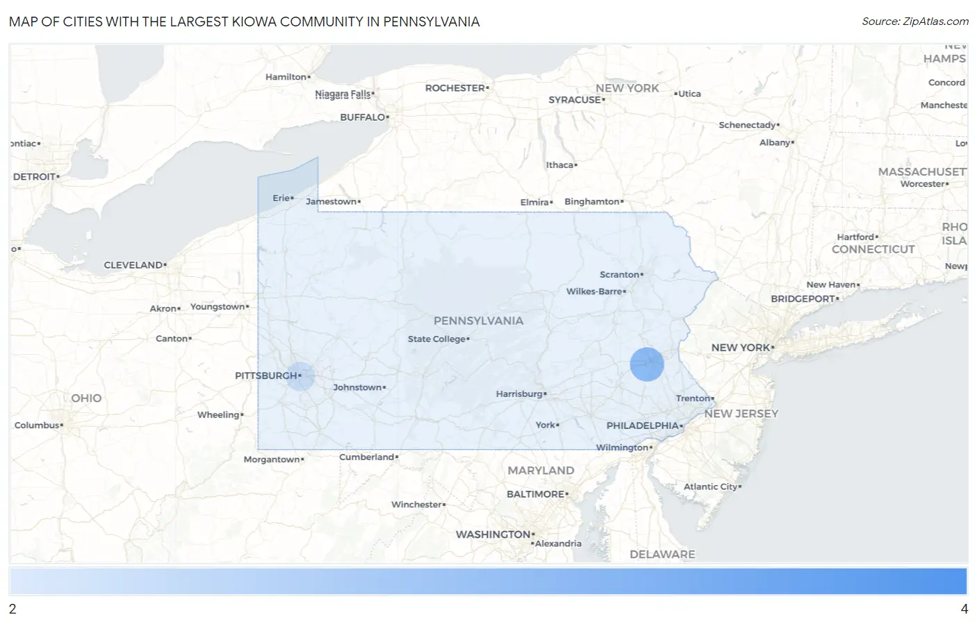 Cities with the Largest Kiowa Community in Pennsylvania Map
