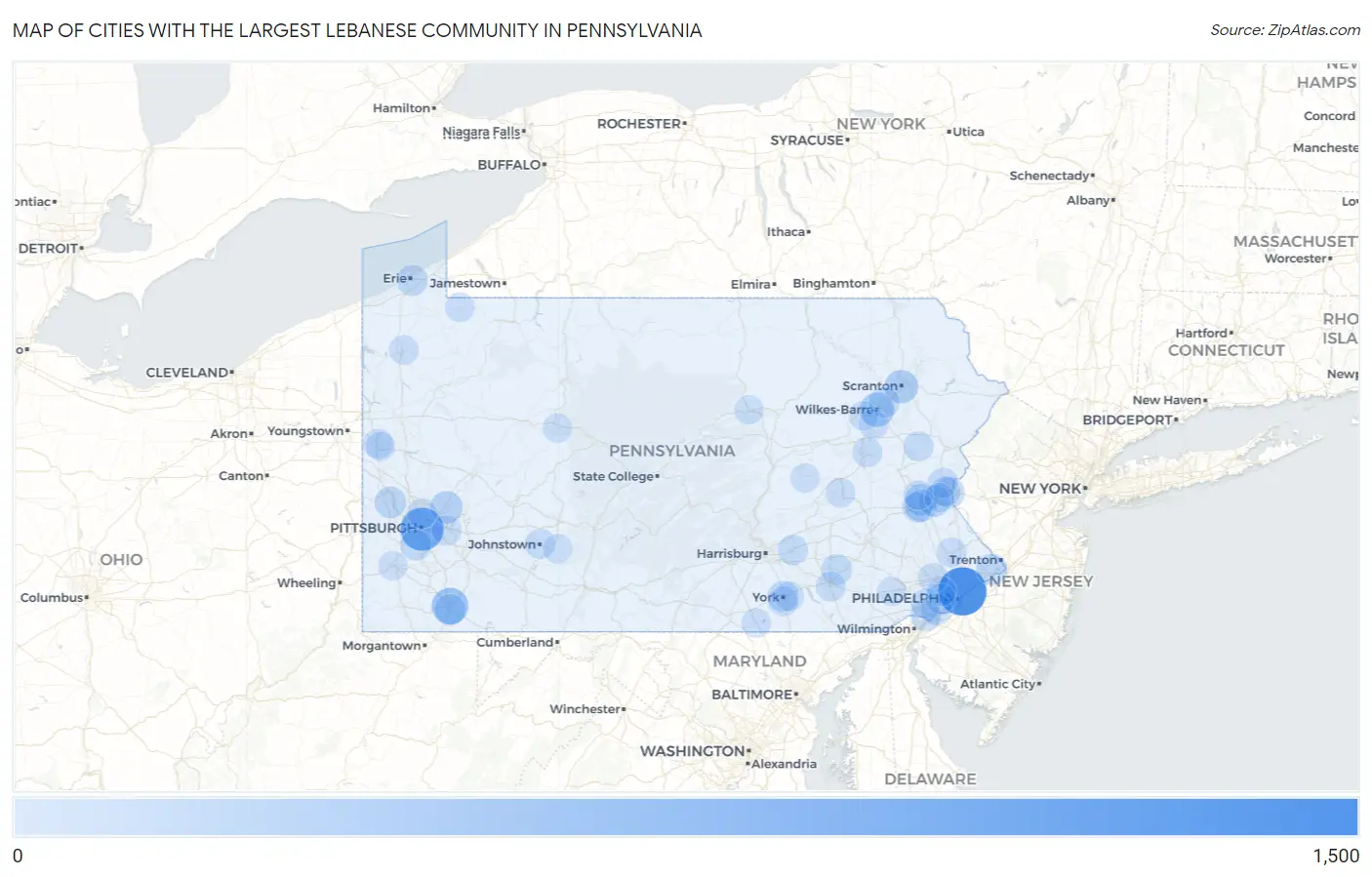 Cities with the Largest Lebanese Community in Pennsylvania Map