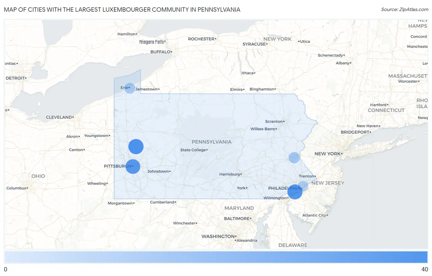 Cities with the Largest Luxembourger Community in Pennsylvania Map