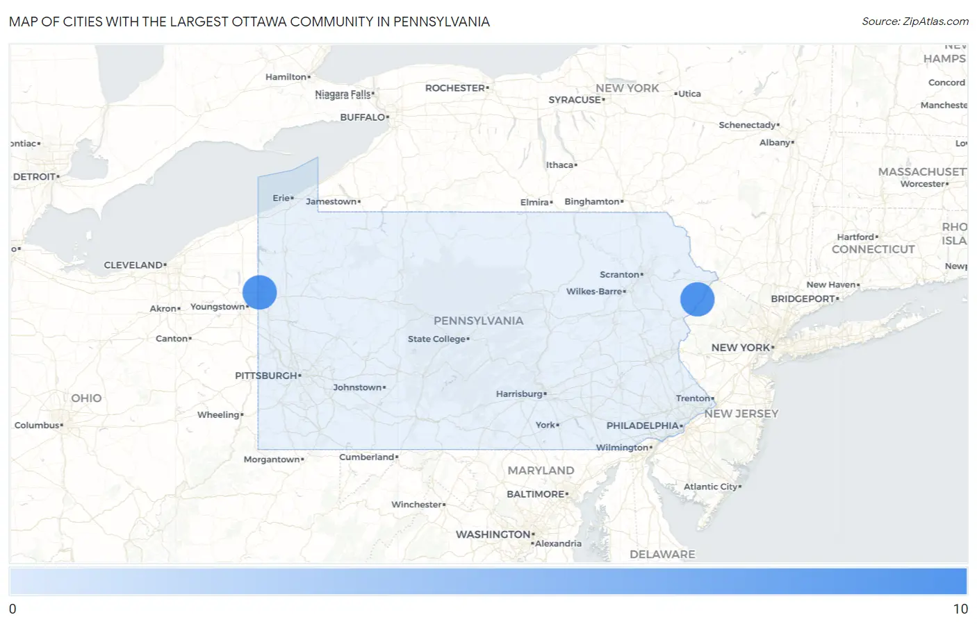 Cities with the Largest Ottawa Community in Pennsylvania Map