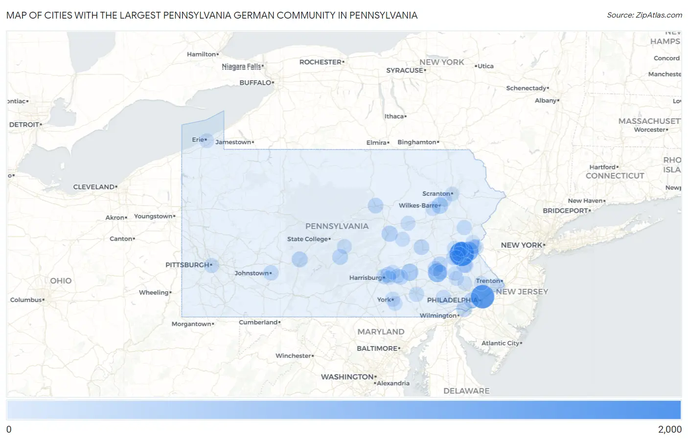 Cities with the Largest Pennsylvania German Community in Pennsylvania Map