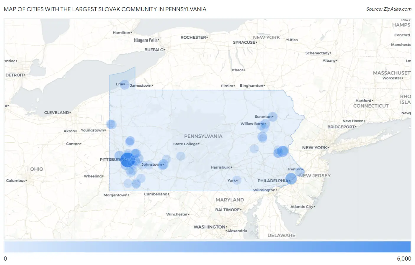 Cities with the Largest Slovak Community in Pennsylvania Map