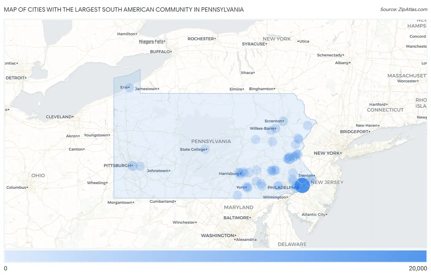 Cities with the Largest South American Community in Pennsylvania Map