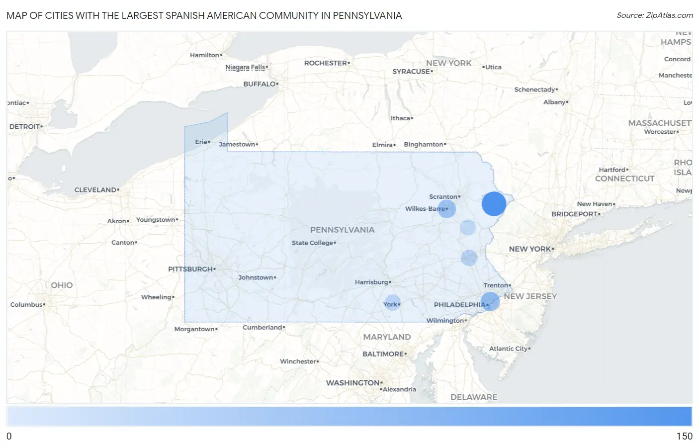 Cities with the Largest Spanish American Community in Pennsylvania Map