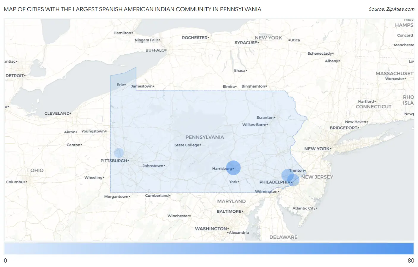 Cities with the Largest Spanish American Indian Community in Pennsylvania Map
