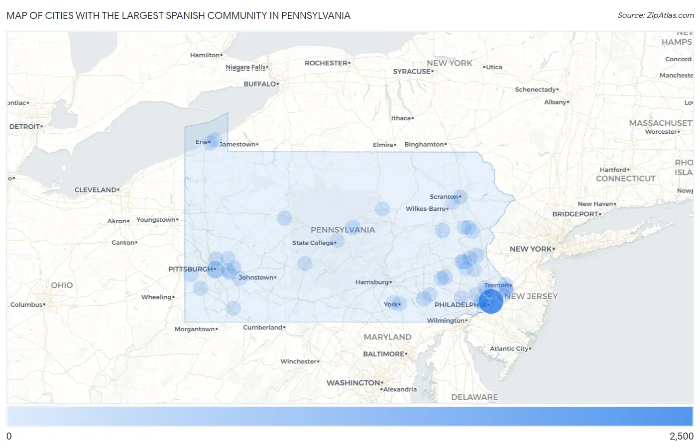 Cities with the Largest Spanish Community in Pennsylvania Map