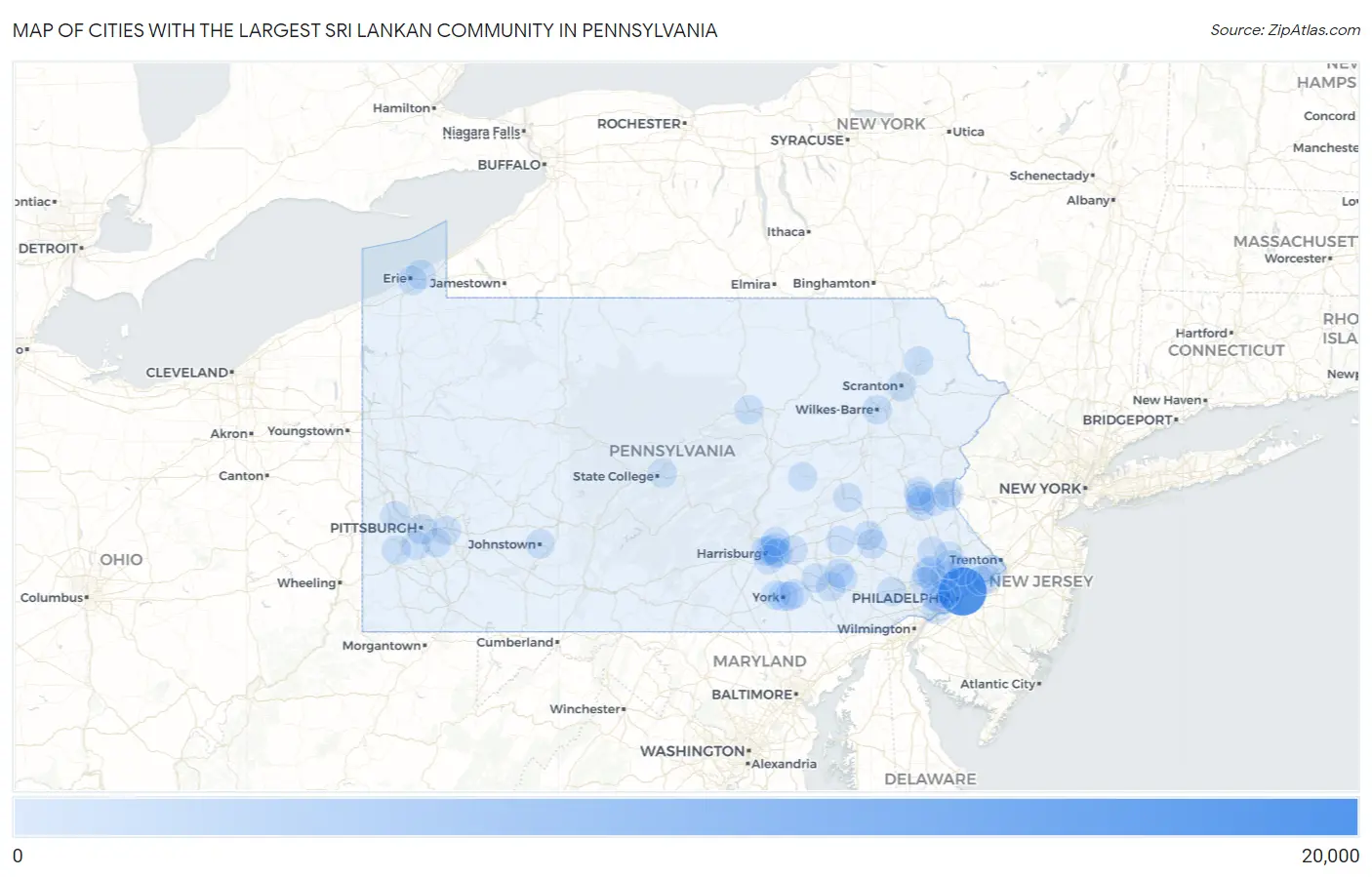 Cities with the Largest Sri Lankan Community in Pennsylvania Map