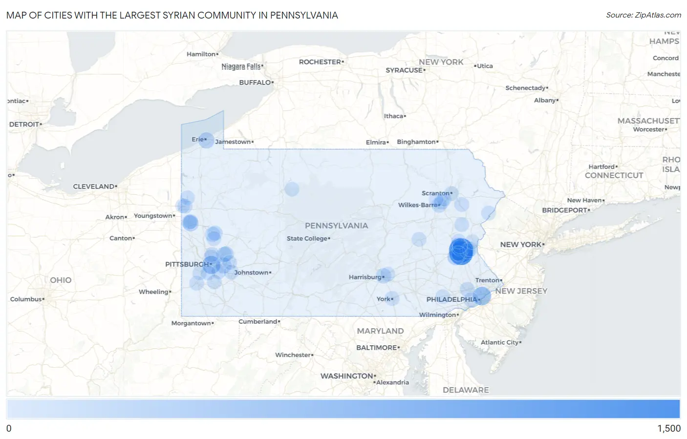 Cities with the Largest Syrian Community in Pennsylvania Map