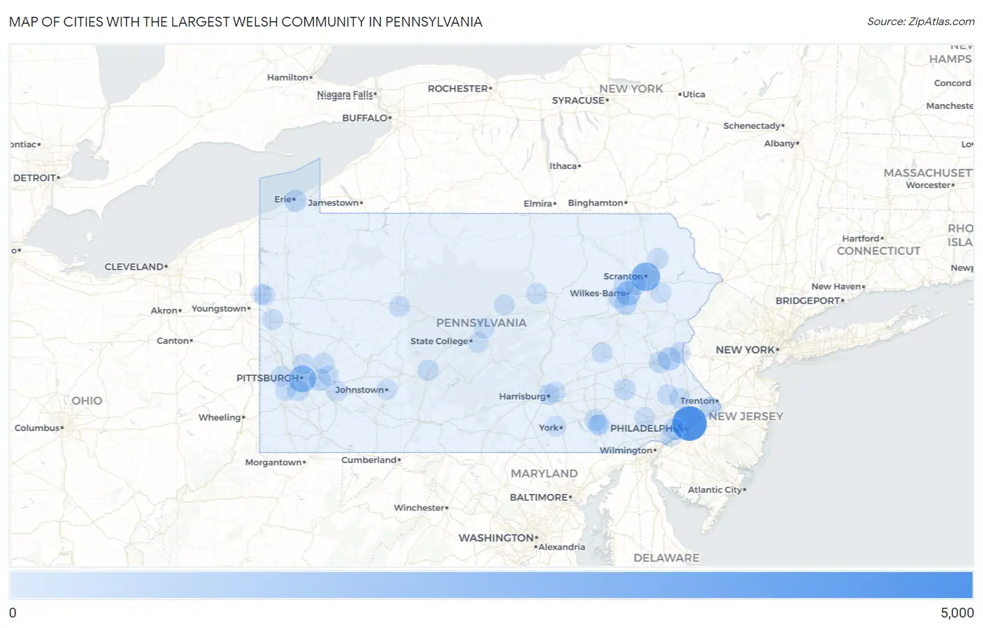Cities with the Largest Welsh Community in Pennsylvania Map