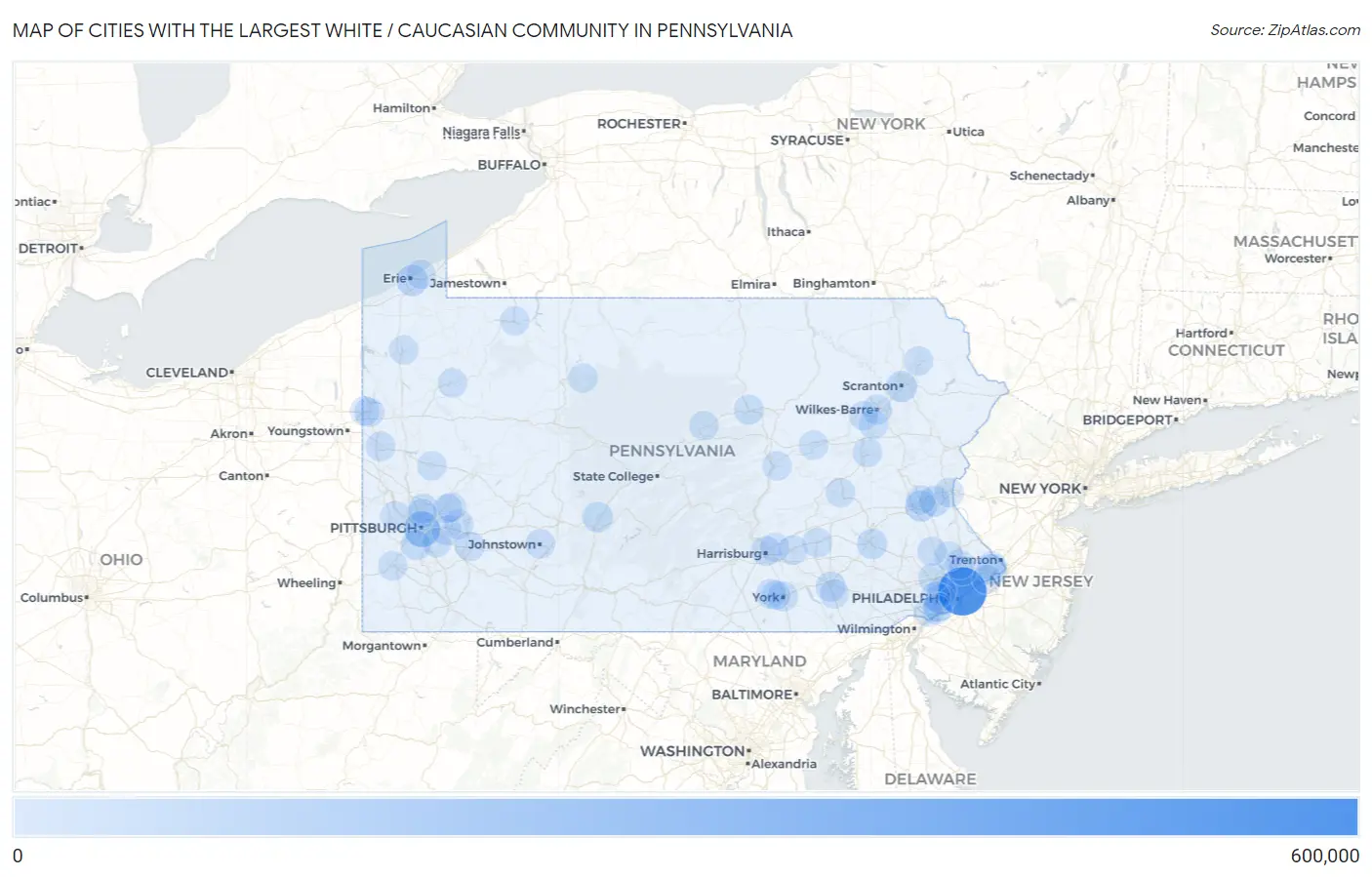 Cities with the Largest White / Caucasian Community in Pennsylvania Map