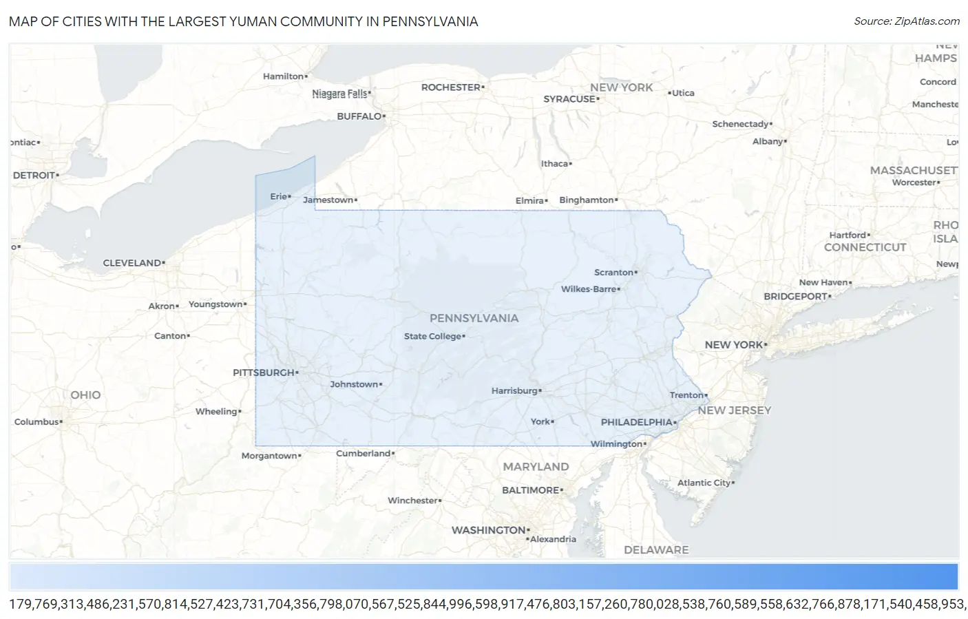 Cities with the Largest Yuman Community in Pennsylvania Map