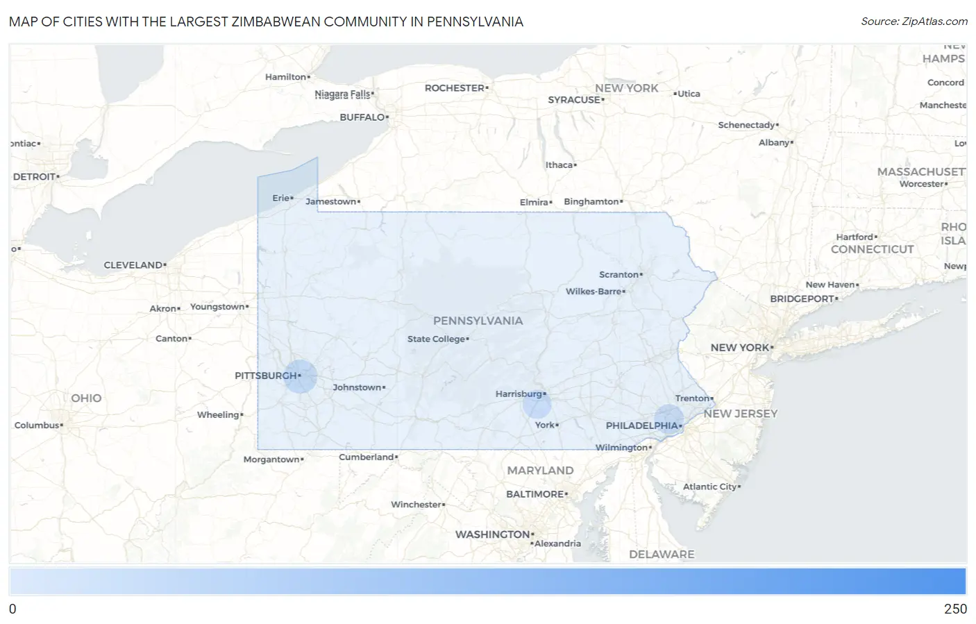 Cities with the Largest Zimbabwean Community in Pennsylvania Map