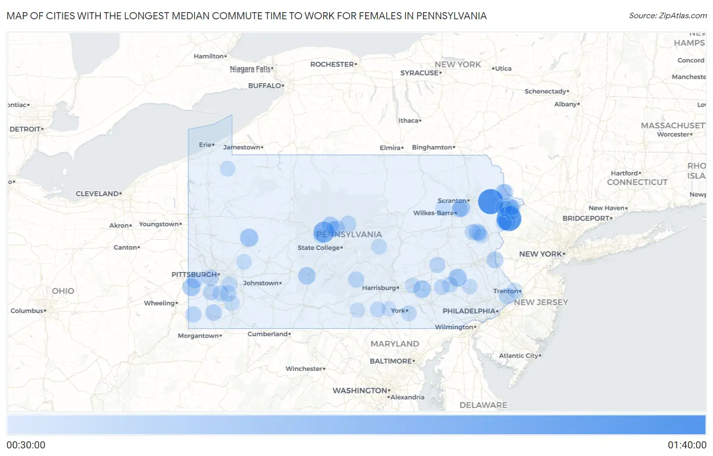 Cities with the Longest Median Commute Time to Work for Females in Pennsylvania Map