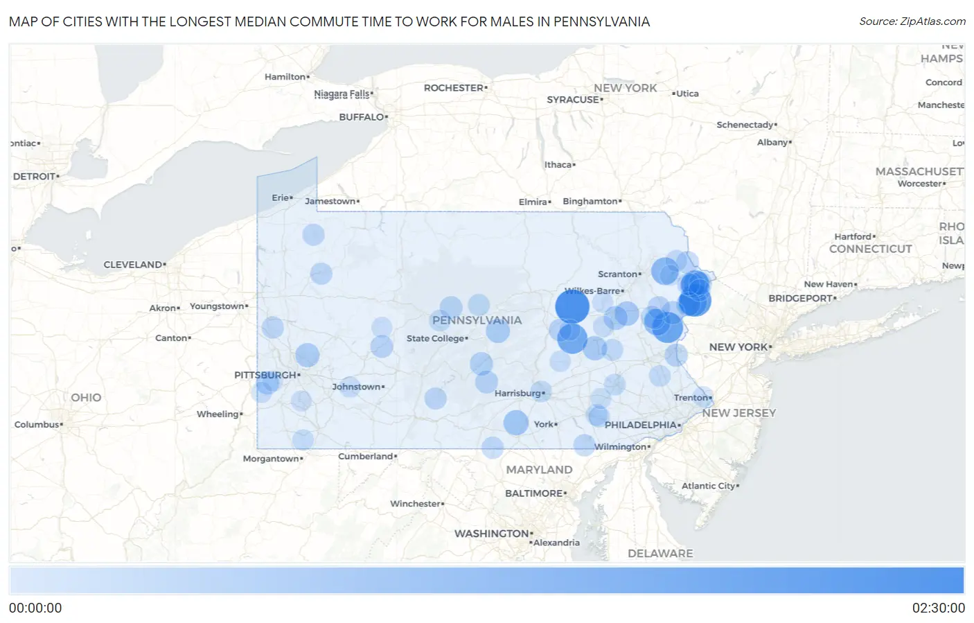 Cities with the Longest Median Commute Time to Work for Males in Pennsylvania Map