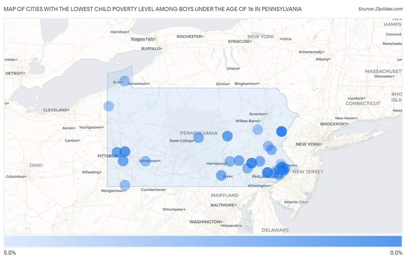 Cities with the Lowest Child Poverty Level Among Boys Under the Age of 16 in Pennsylvania Map