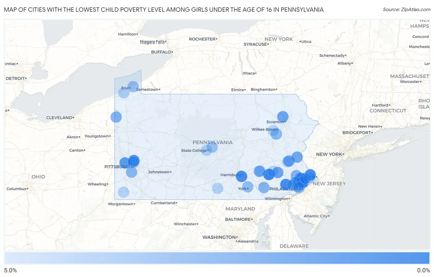 Cities with the Lowest Child Poverty Level Among Girls Under the Age of 16 in Pennsylvania Map
