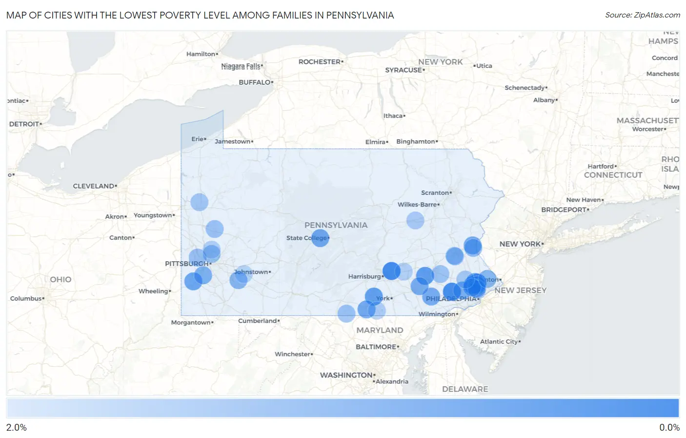 Cities with the Lowest Poverty Level Among Families in Pennsylvania Map