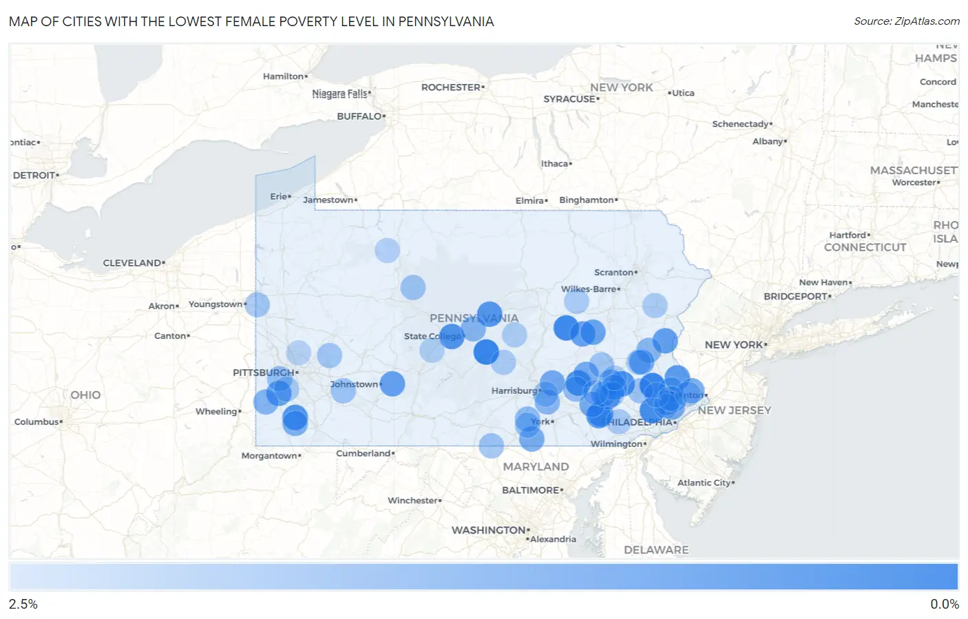 Cities with the Lowest Female Poverty Level in Pennsylvania Map