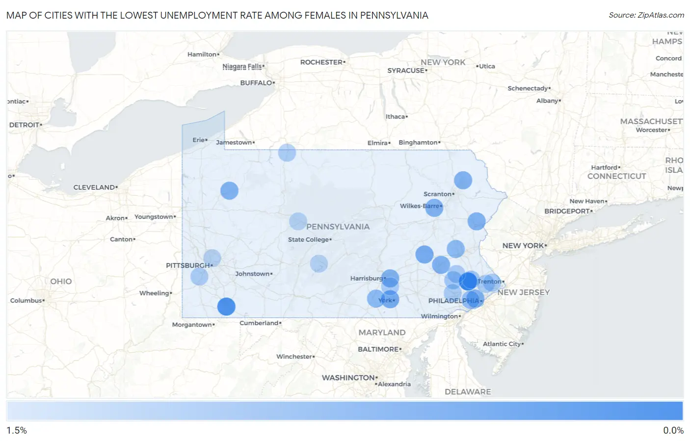 Cities with the Lowest Unemployment Rate Among Females in Pennsylvania Map