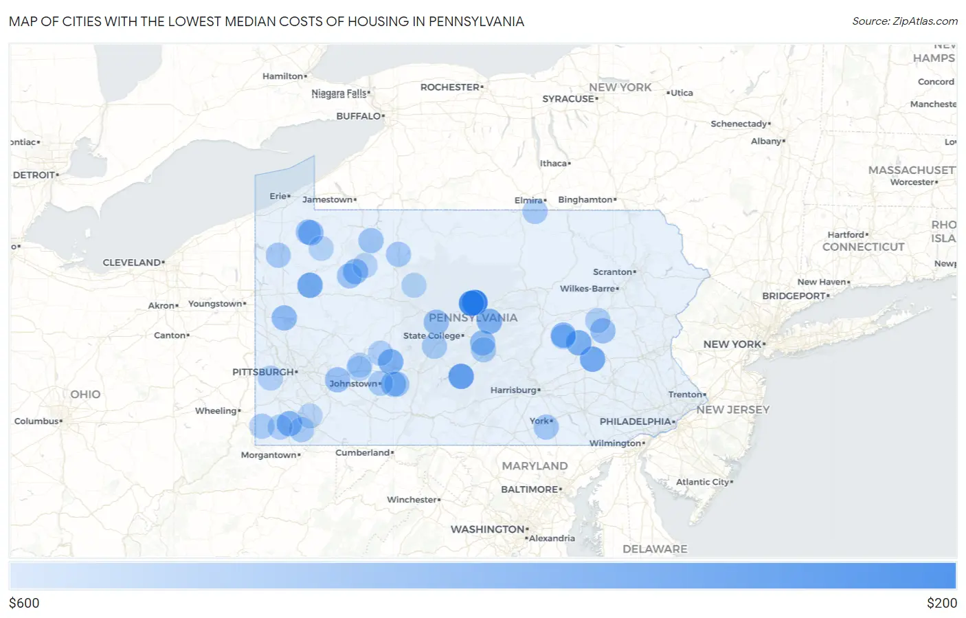 Cities with the Lowest Median Costs of Housing in Pennsylvania Map