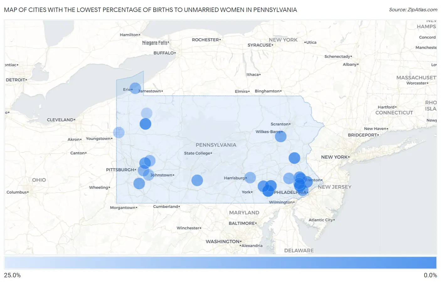 Cities with the Lowest Percentage of Births to Unmarried Women in Pennsylvania Map