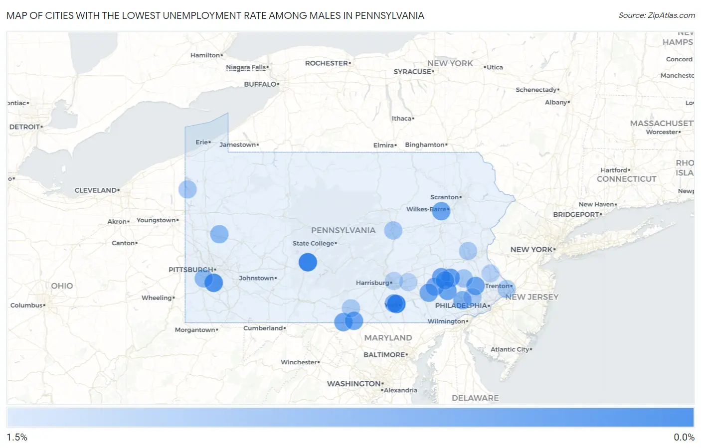 Cities with the Lowest Unemployment Rate Among Males in Pennsylvania Map