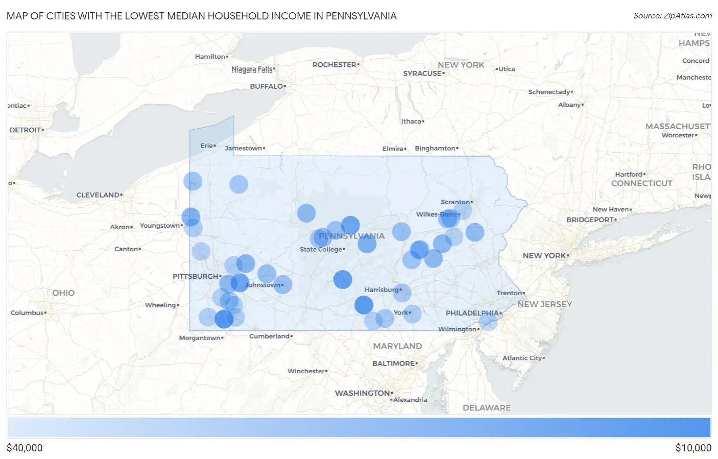 Cities with the Lowest Median Household Income in Pennsylvania Map