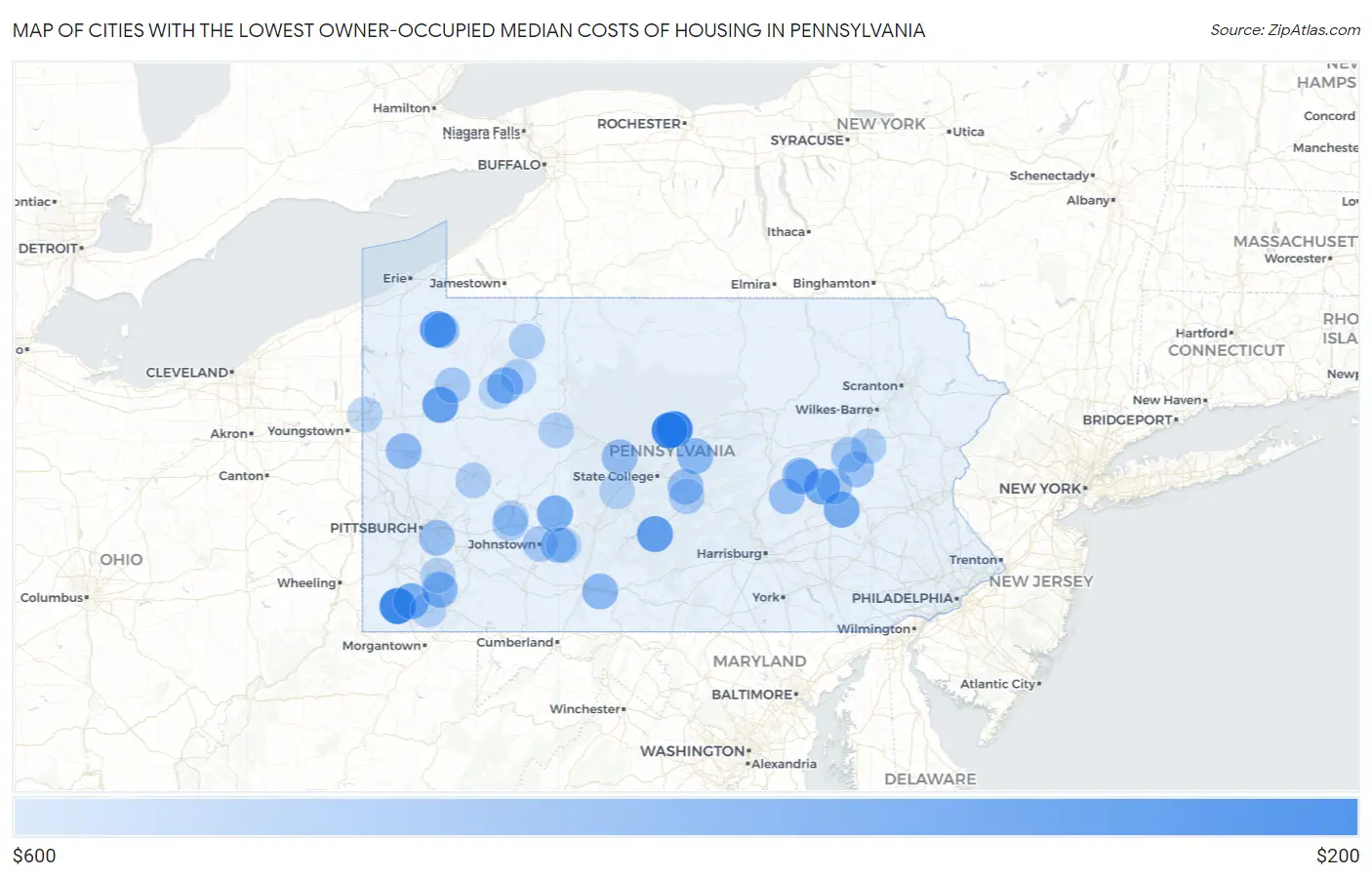 Cities with the Lowest Owner-Occupied Median Costs of Housing in Pennsylvania Map