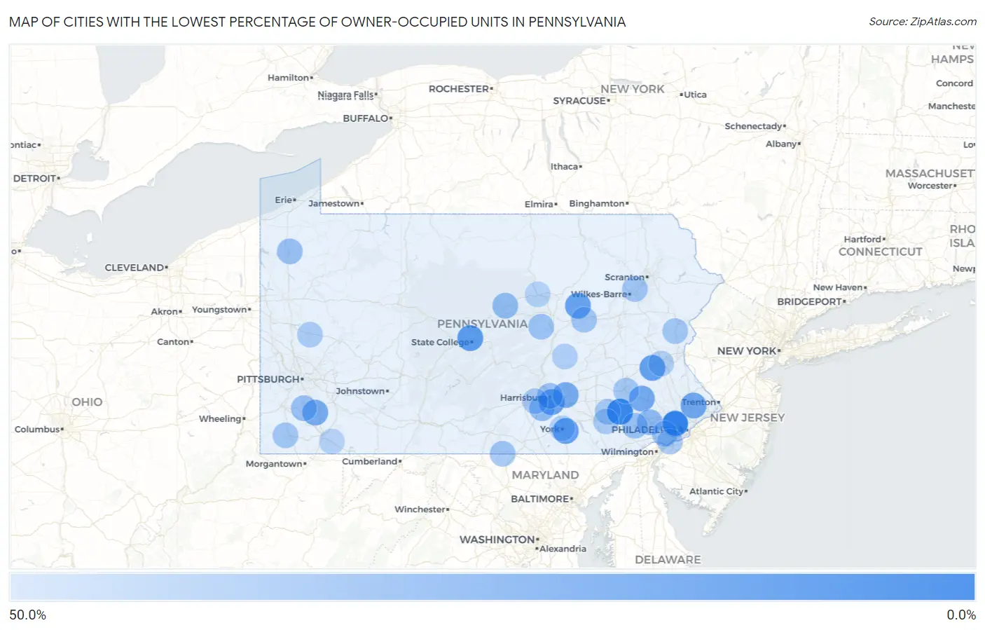 Cities with the Lowest Percentage of Owner-Occupied Units in Pennsylvania Map