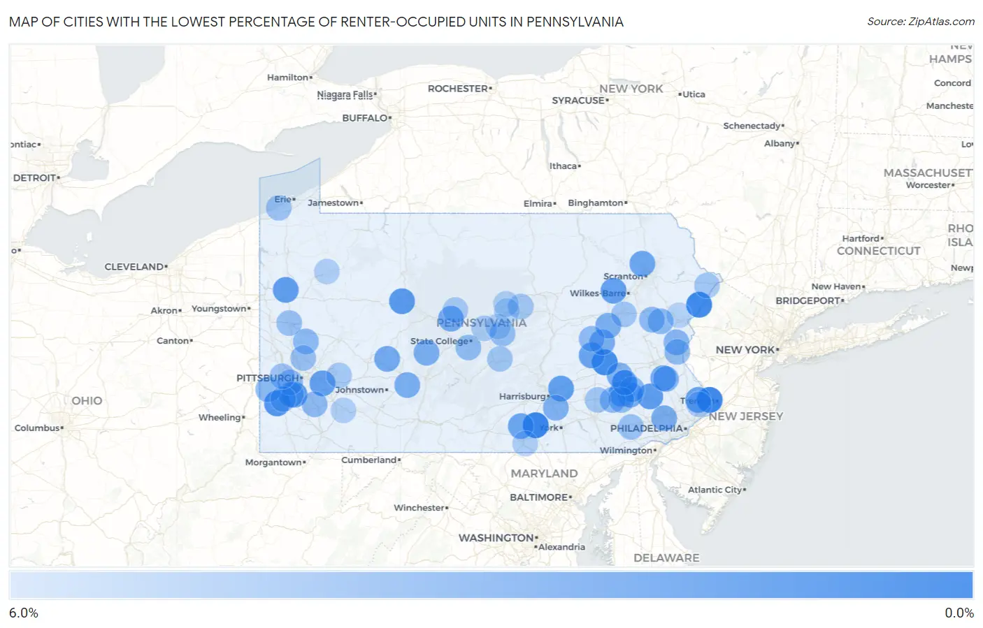 Cities with the Lowest Percentage of Renter-Occupied Units in Pennsylvania Map