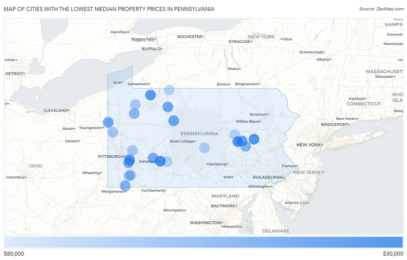 Cities with the Lowest Median Property Prices in Pennsylvania Map
